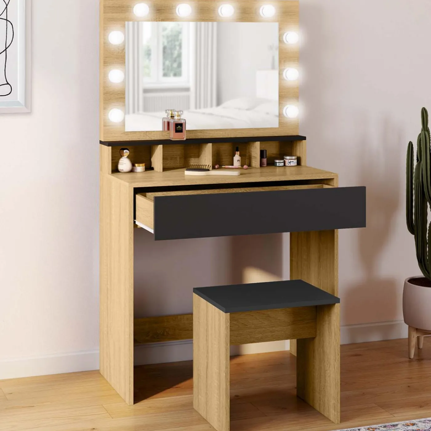 Coiffeuse avec miroir LED noir et hêtre