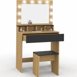 Coiffeuse avec miroir LED noir et hêtre