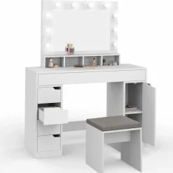 Coiffeuse avec miroir LED blanche, niches, tiroirs, rangements et tabouret