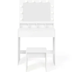 Coiffeuse avec miroir LED et tabouret, 4 niches, 1 tiroir