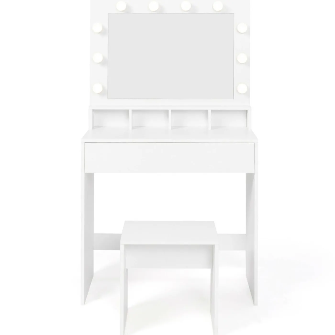 Coiffeuse avec miroir LED et tabouret, 4 niches, 1 tiroir