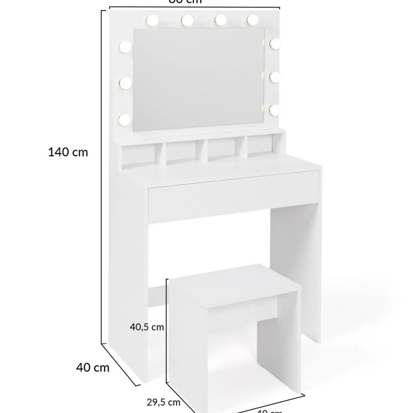 Coiffeuse avec miroir LED et tabouret, 4 niches, 1 tiroir