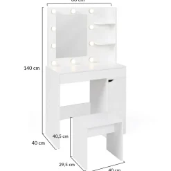 Coiffeuse blanche avec miroir LED et tabouret 1 tiroir