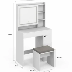 Coiffeuse blanche avec miroir LED et rangements