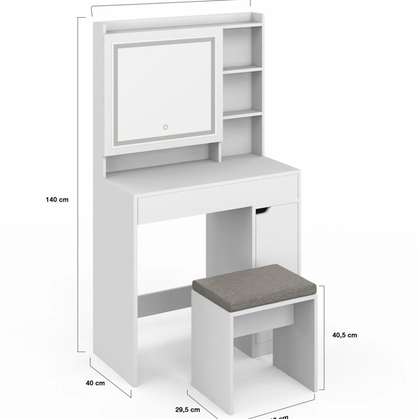 Coiffeuse blanche avec miroir LED et rangements