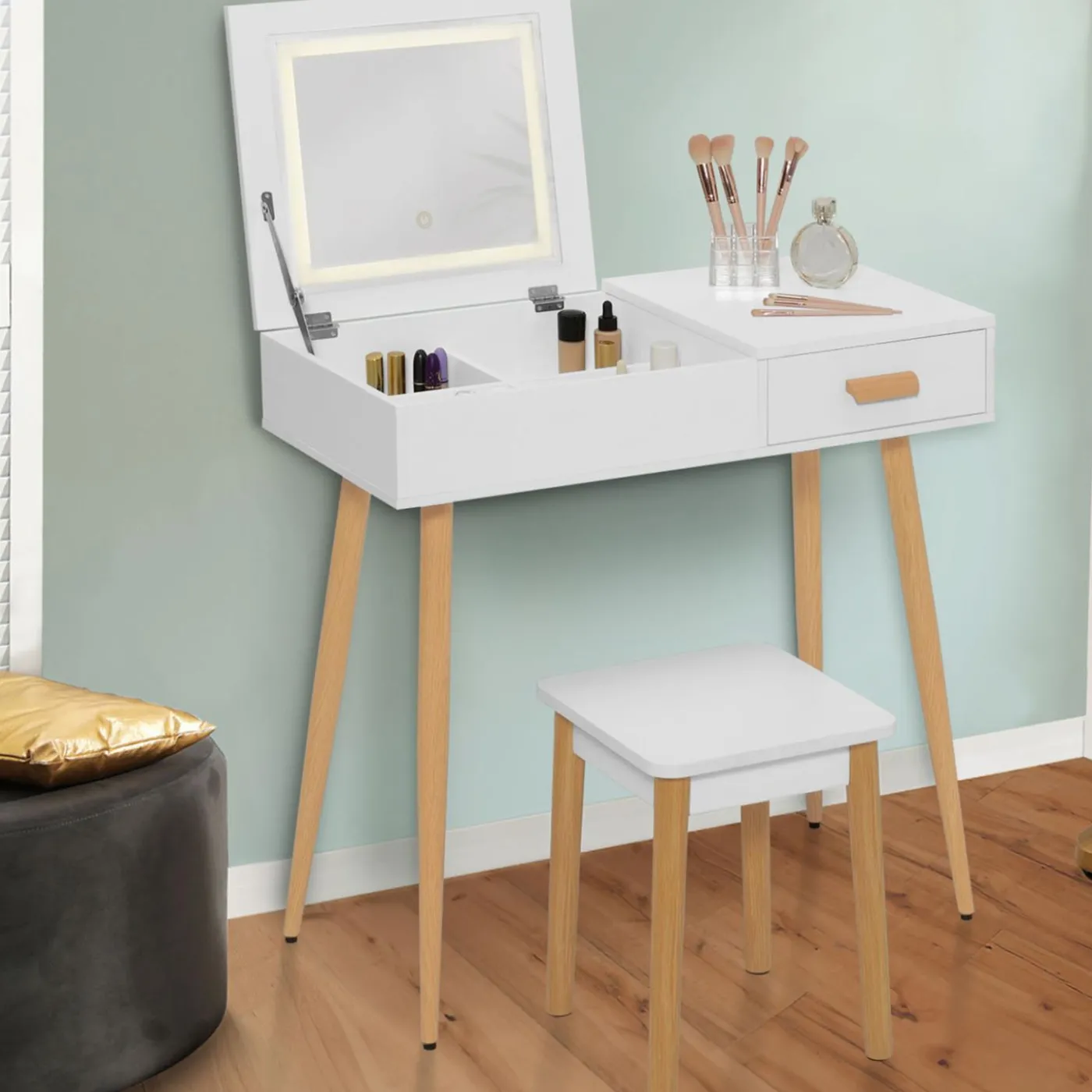 Coiffeuse blanche scandinave avec miroir LED rabattable et tabouret