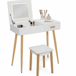 Coiffeuse blanche scandinave avec miroir LED rabattable et tabouret