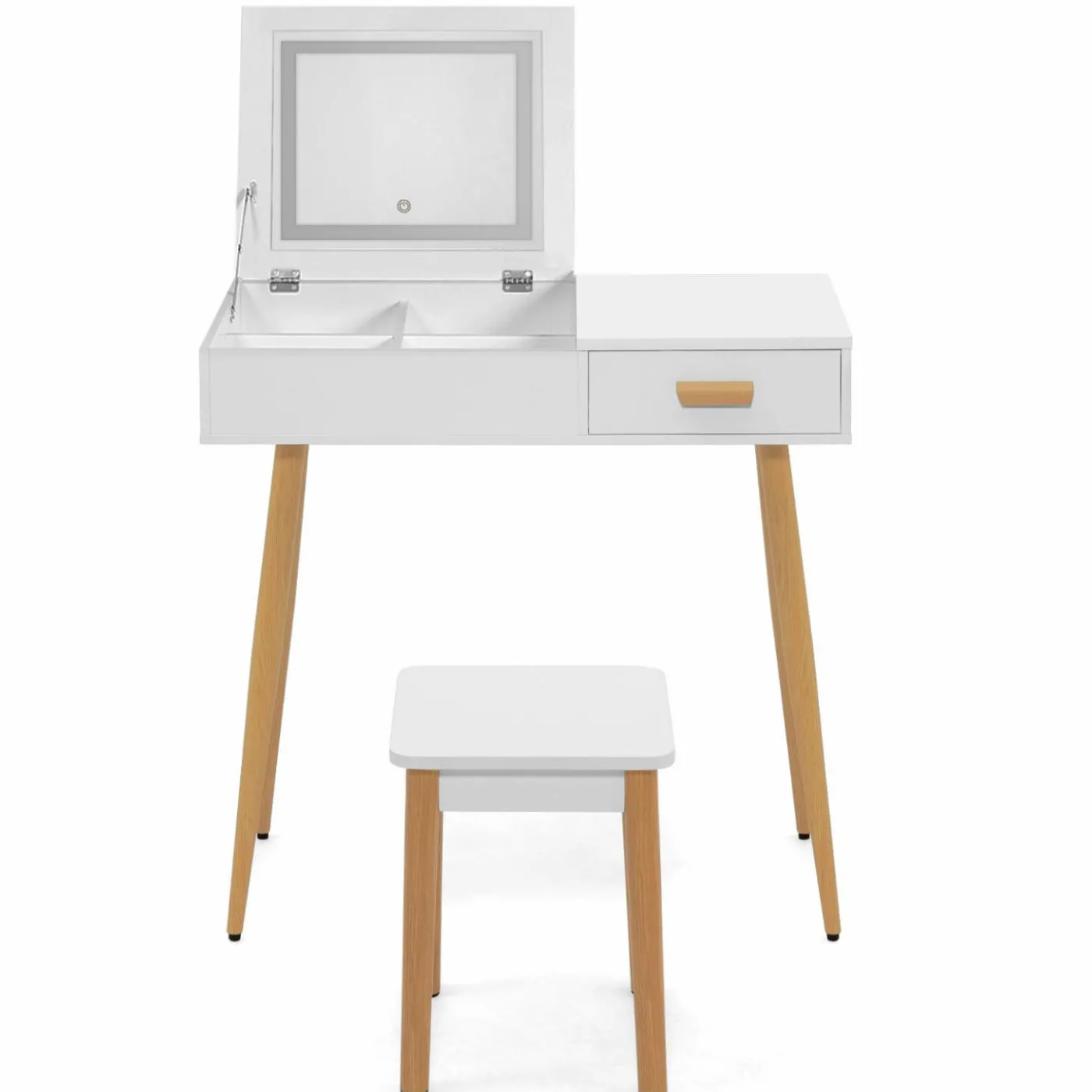 Coiffeuse blanche scandinave avec miroir LED rabattable et tabouret