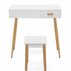Coiffeuse blanche scandinave avec miroir LED rabattable et tabouret