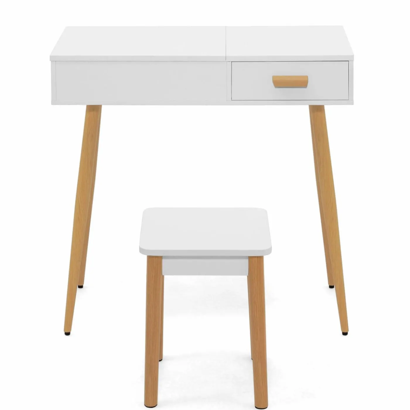 Coiffeuse blanche scandinave avec miroir LED rabattable et tabouret