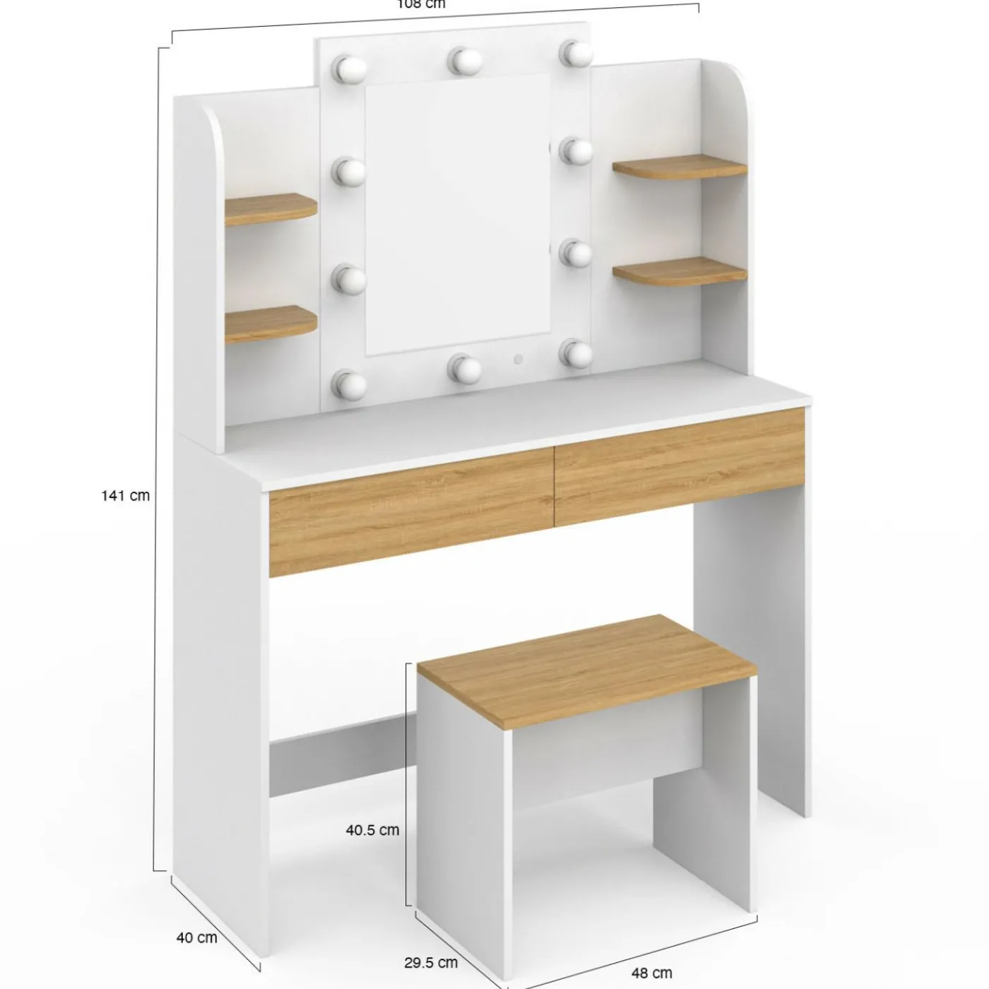 Coiffeuse bois et blanc avec miroir LED et tabouret