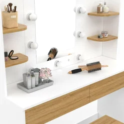 Coiffeuse bois et blanc avec miroir LED et tabouret