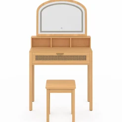 Coiffeuse bois et cannage avec miroir LED, niches, tiroir + tabouret