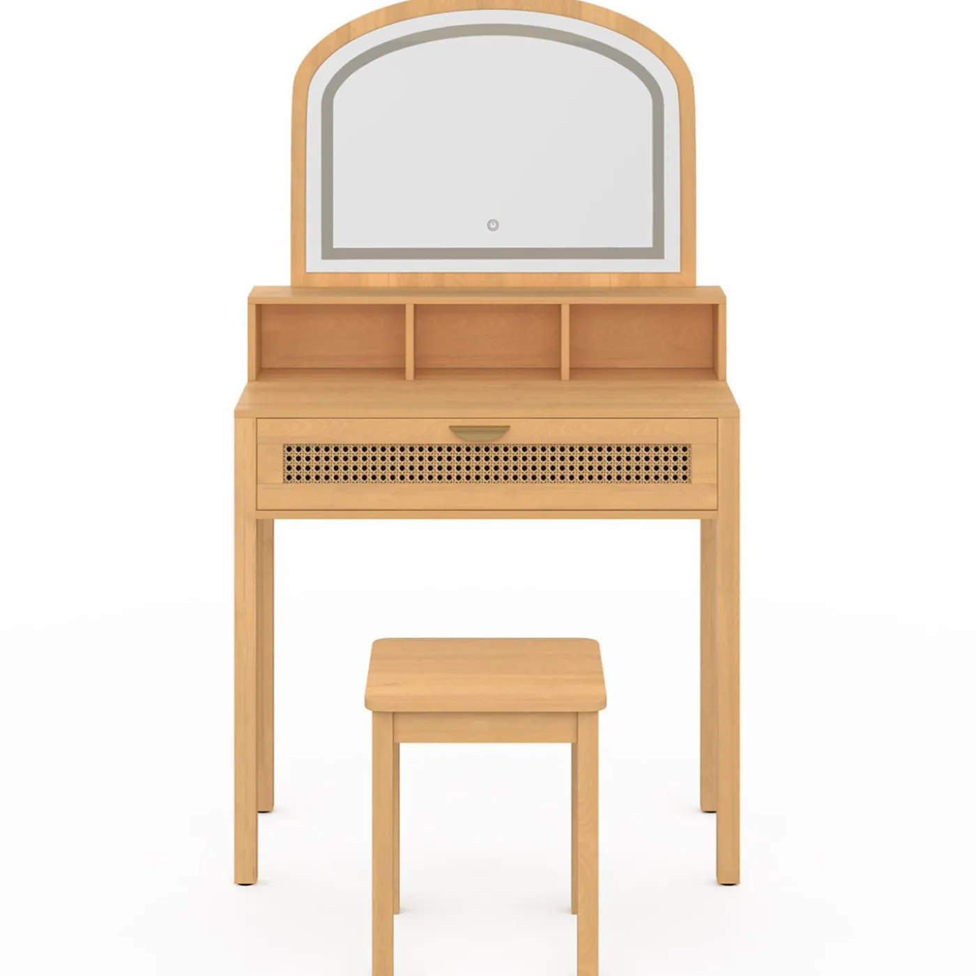Coiffeuse bois et cannage avec miroir LED, niches, tiroir + tabouret