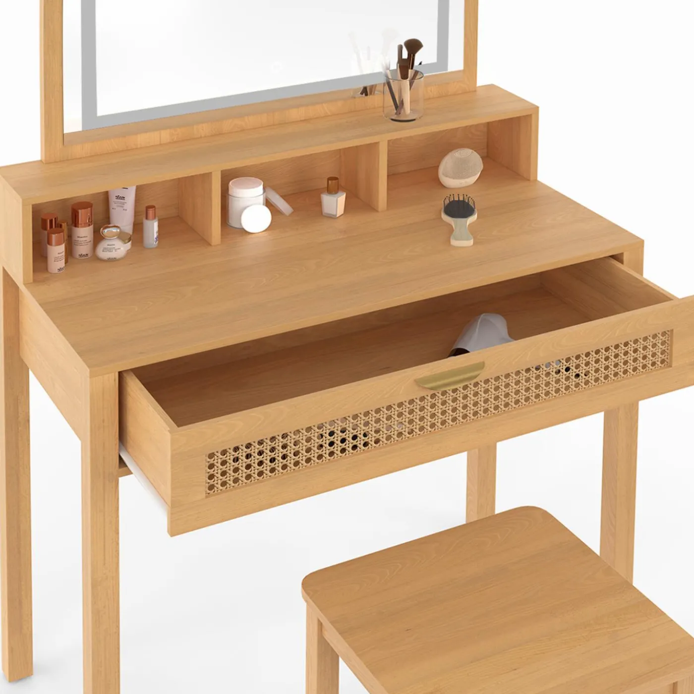 Coiffeuse bois et cannage avec miroir LED, niches, tiroir + tabouret