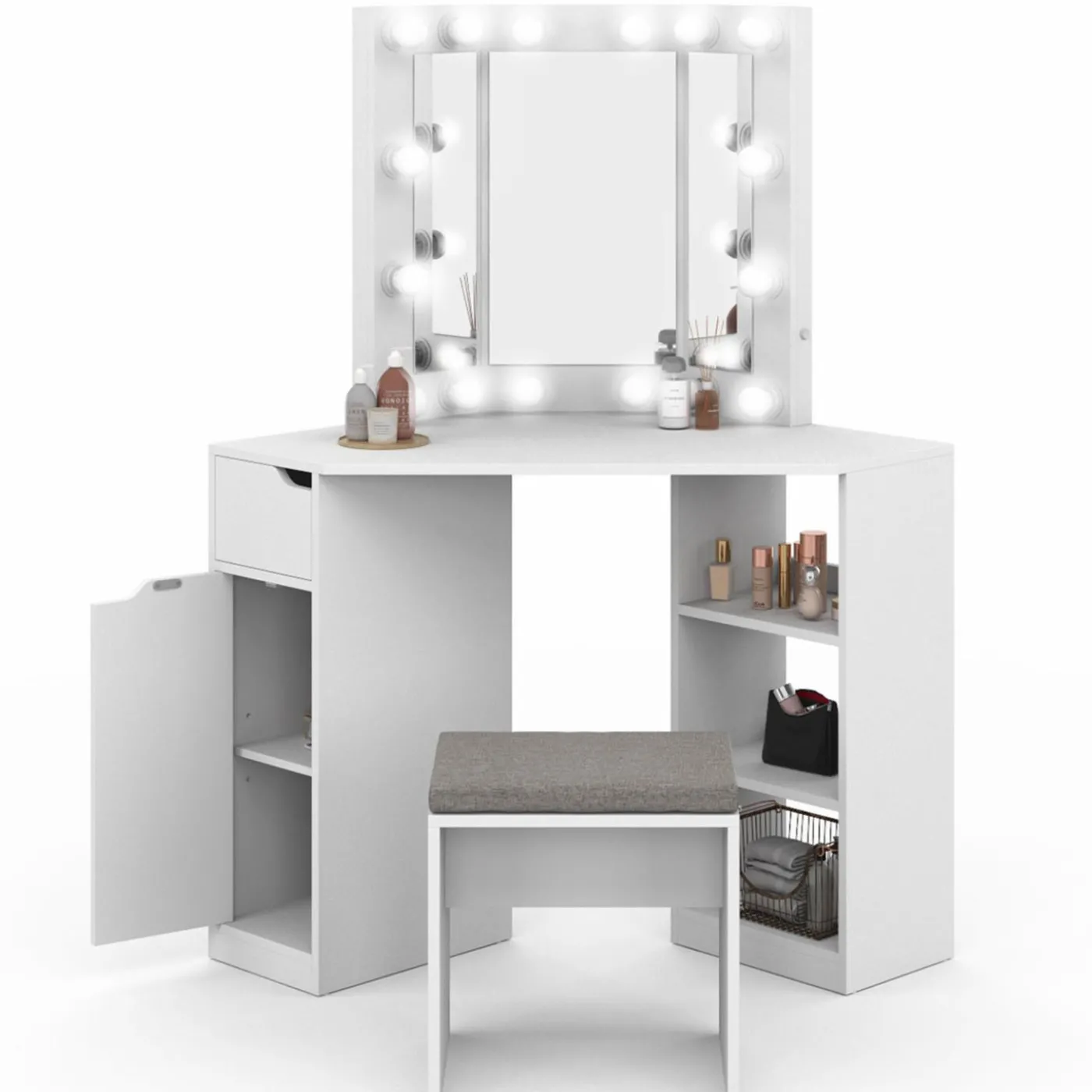 Coiffeuse d'angle blanche avec 3 miroirs LED, étagères, tiroir, rangements et tabouret