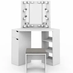 Coiffeuse d'angle blanche avec 3 miroirs LED, étagères, tiroir, rangements et tabouret