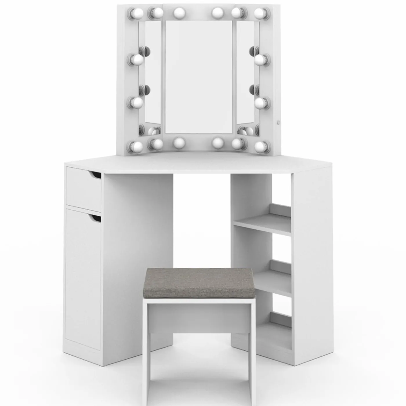 Coiffeuse d'angle blanche avec 3 miroirs LED, étagères, tiroir, rangements et tabouret