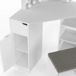 Coiffeuse d'angle blanche avec 3 miroirs LED, étagères, tiroir, rangements et tabouret