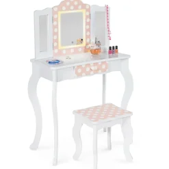 Coiffeuse enfant blanche et rose avec 3 miroirs et tabouret