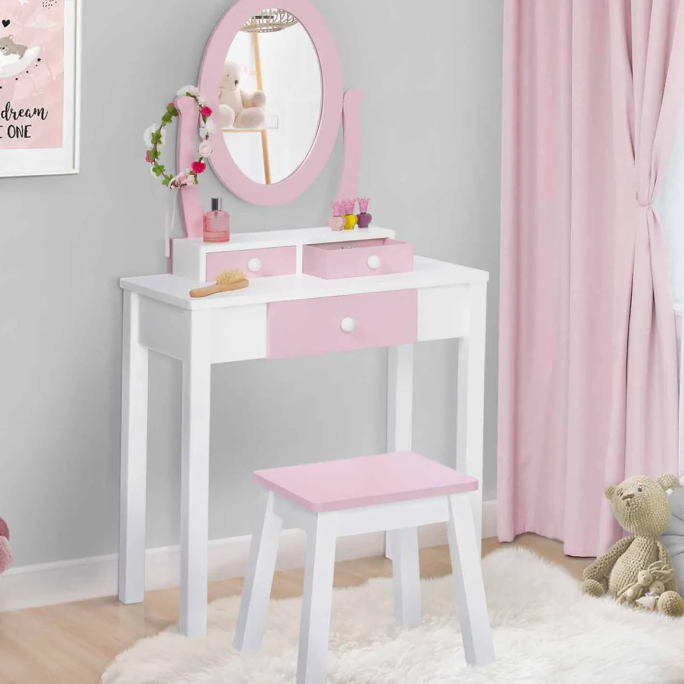 Coiffeuse enfant rose et blanche avec miroir et tabouret