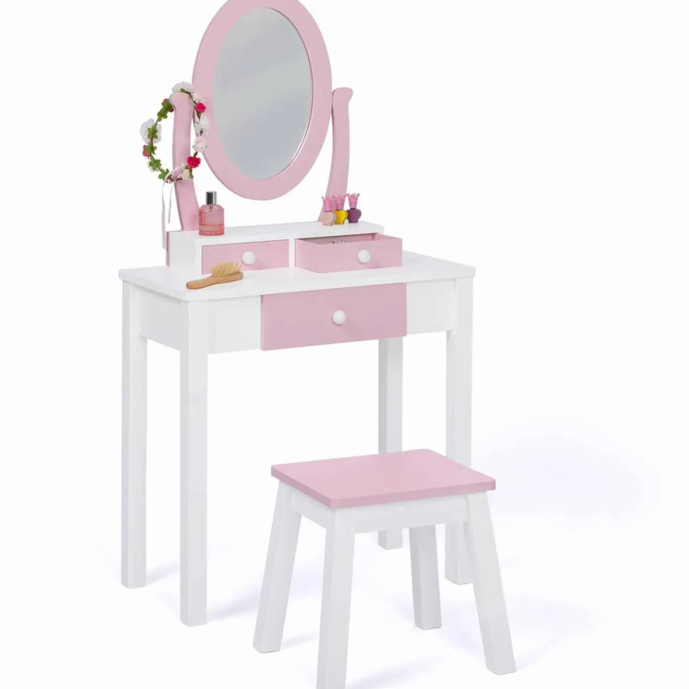 Coiffeuse enfant rose et blanche avec miroir et tabouret