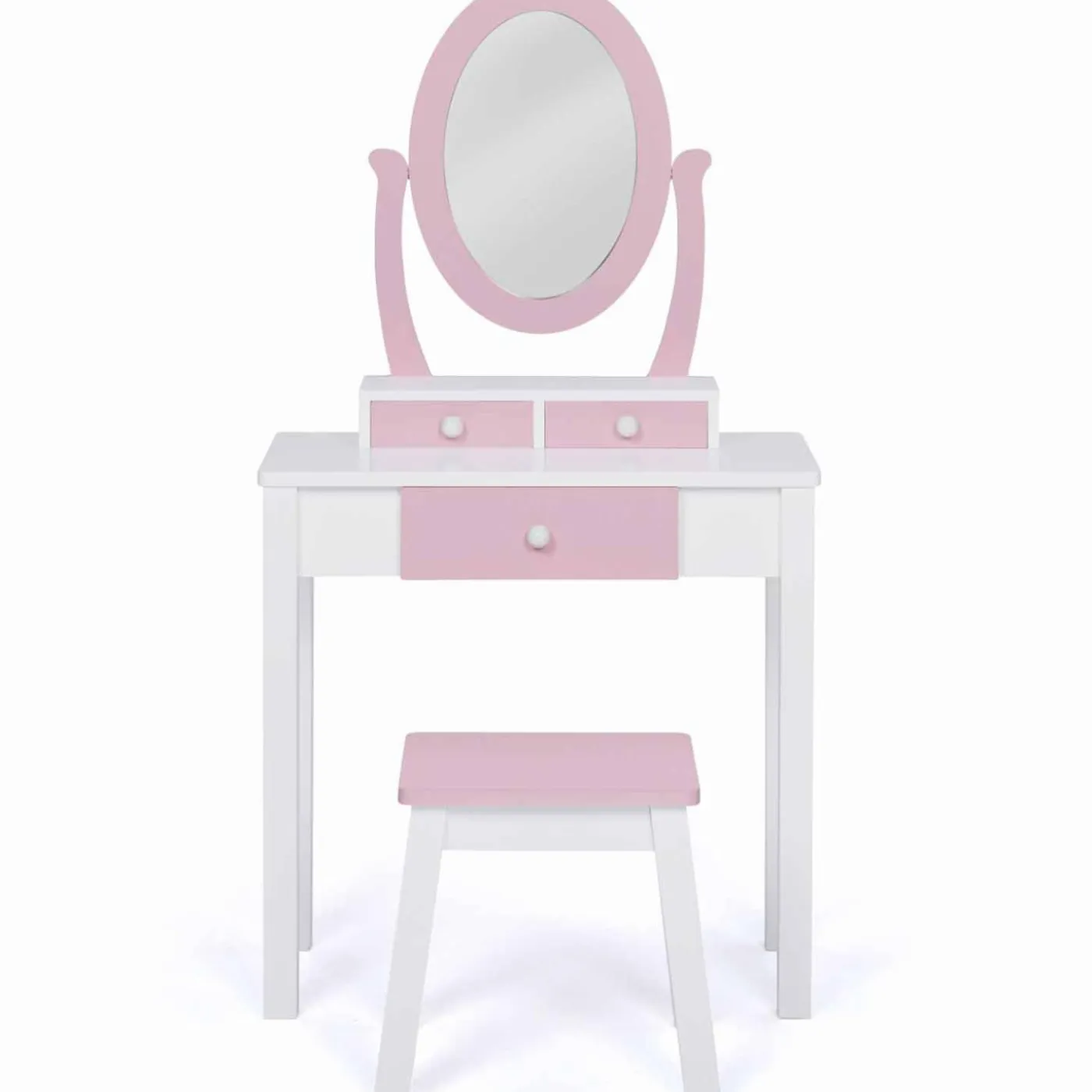 Coiffeuse enfant rose et blanche avec miroir et tabouret