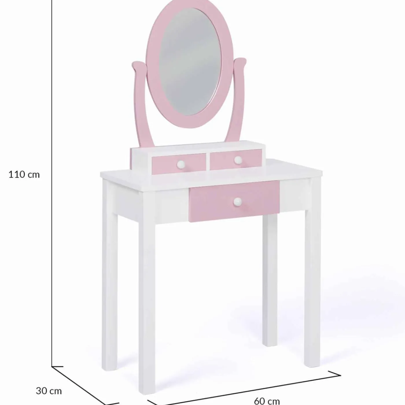 Coiffeuse enfant rose et blanche avec miroir et tabouret