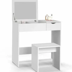 Coiffeuse miroir rabattable blanche 2 tiroirs et tabouret