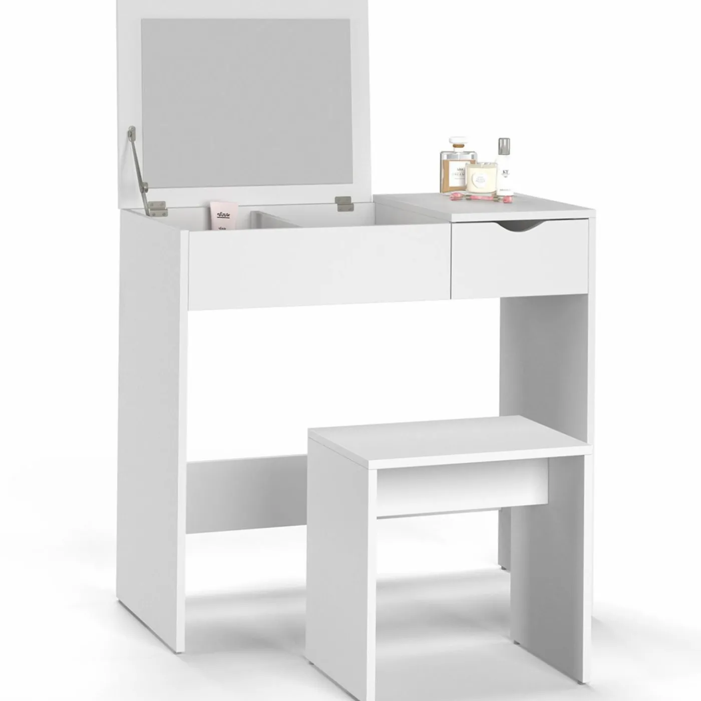 Coiffeuse miroir rabattable blanche 2 tiroirs et tabouret