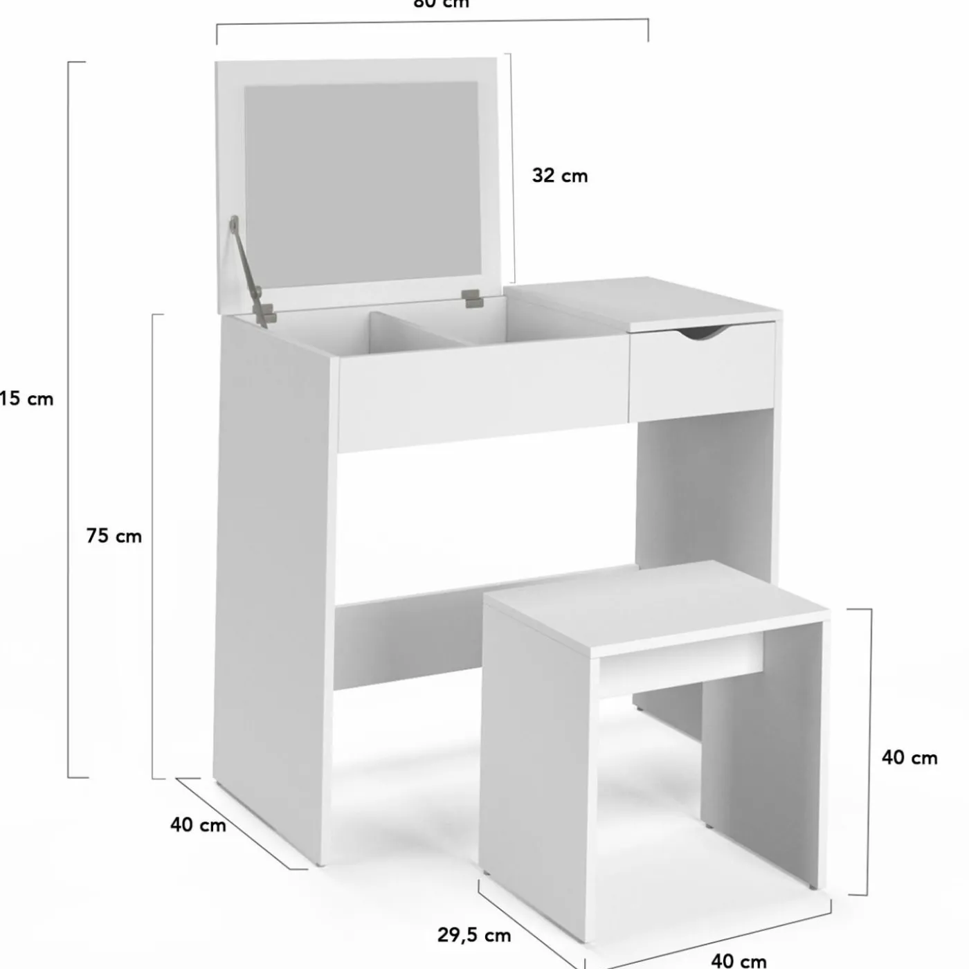Coiffeuse miroir rabattable blanche 2 tiroirs et tabouret