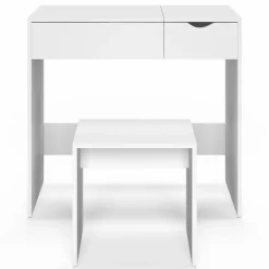 Coiffeuse miroir rabattable blanche 2 tiroirs et tabouret