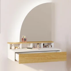 Coiffeuse suspendue miroir LED avec 4 niches, 1 tiroir bois et blanc