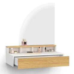 Coiffeuse suspendue miroir LED avec 4 niches, 1 tiroir bois et blanc
