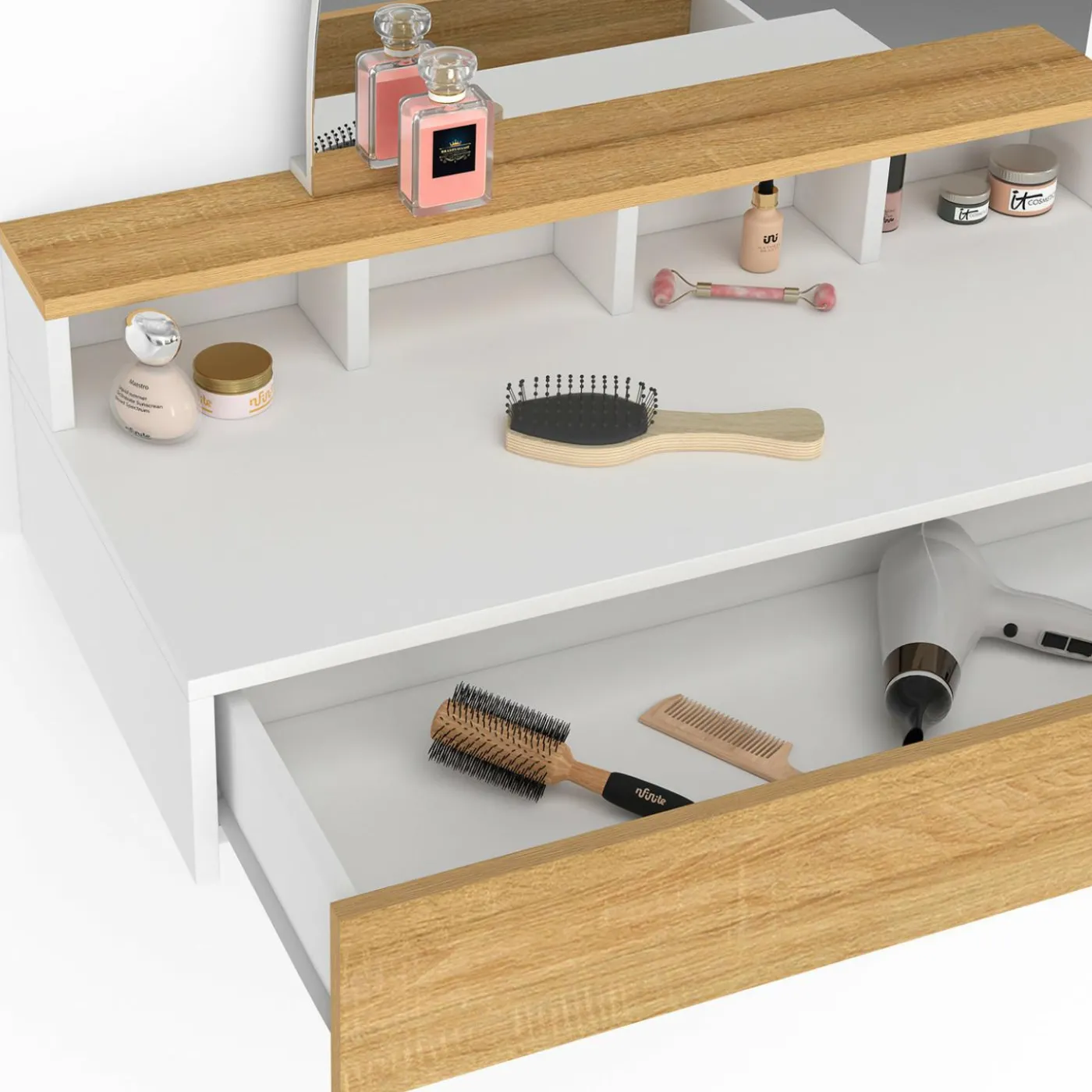 Coiffeuse suspendue miroir LED avec 4 niches, 1 tiroir bois et blanc