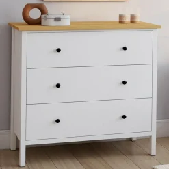 Commode 80 cm 3 tiroirs bois blanc plateau bois