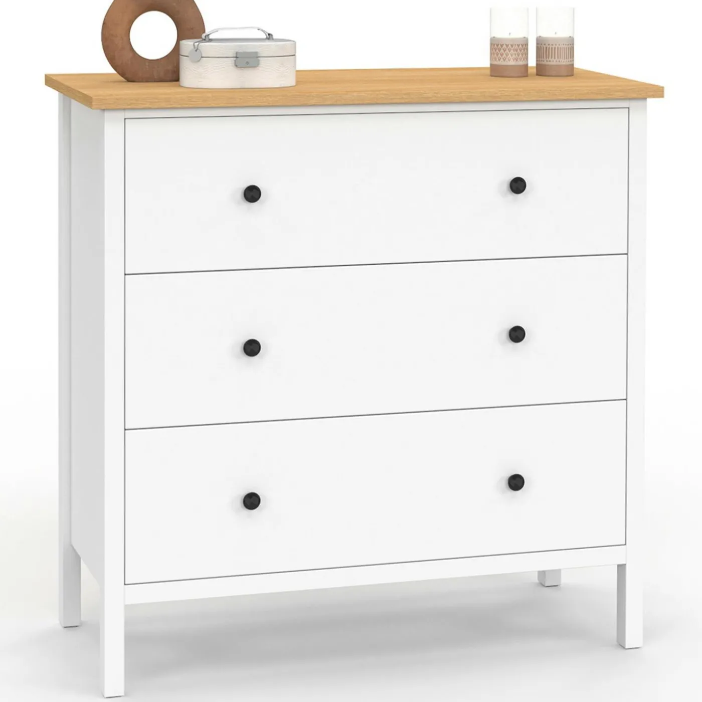 Commode 80 cm 3 tiroirs bois blanc plateau bois