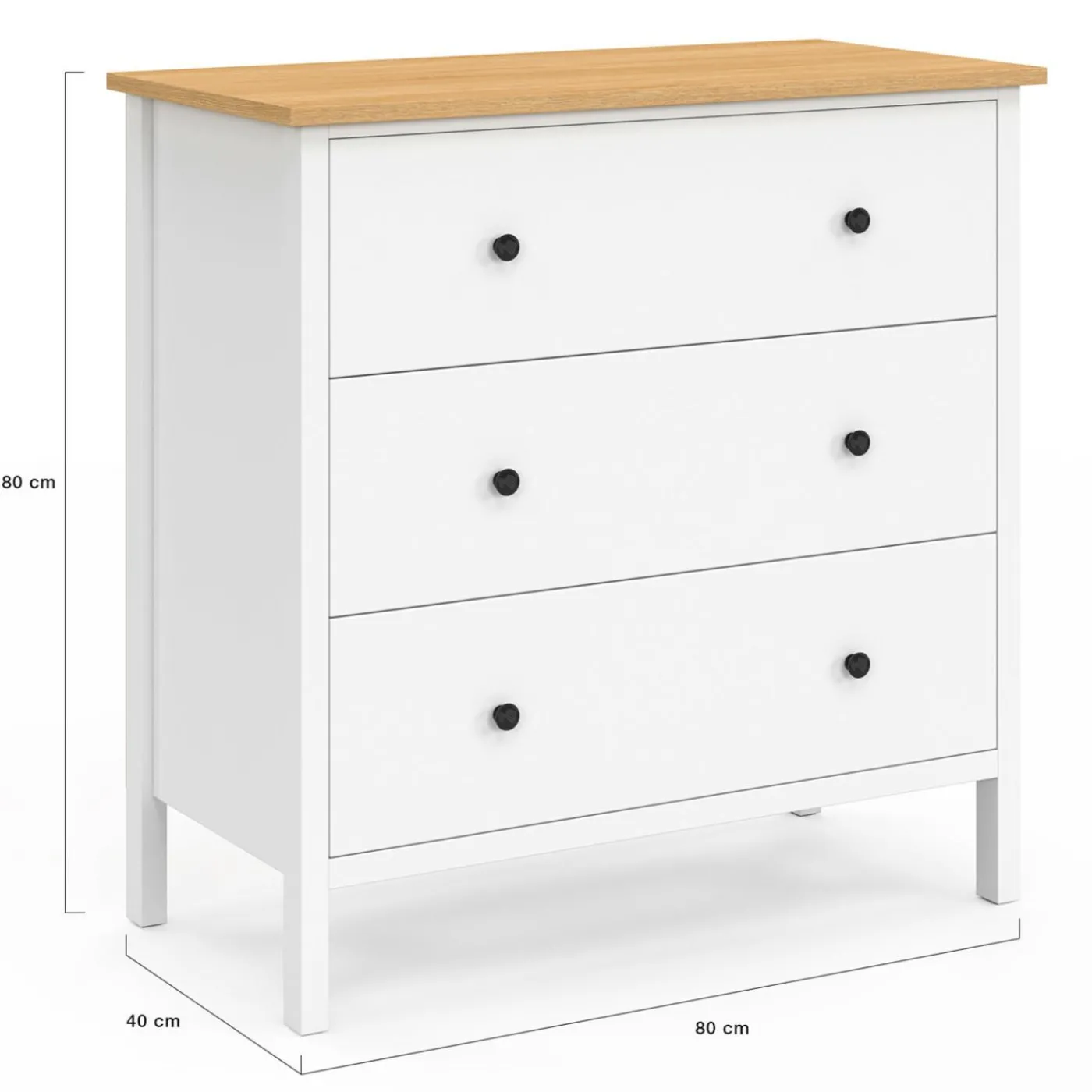 Commode 80 cm 3 tiroirs bois blanc plateau bois
