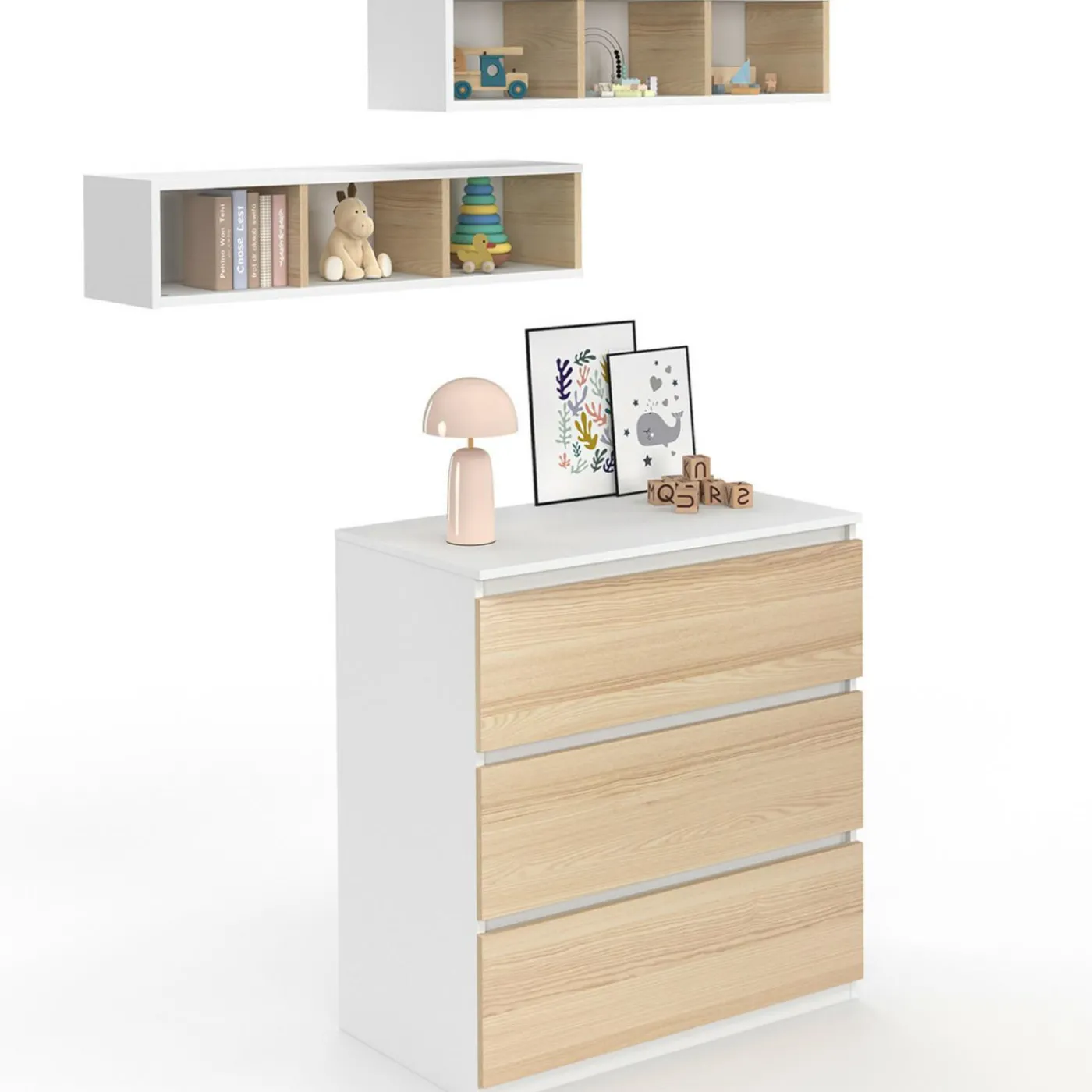 Commode à langer évolutive façon hêtre et blanc 3 tiroirs et 2 étagères