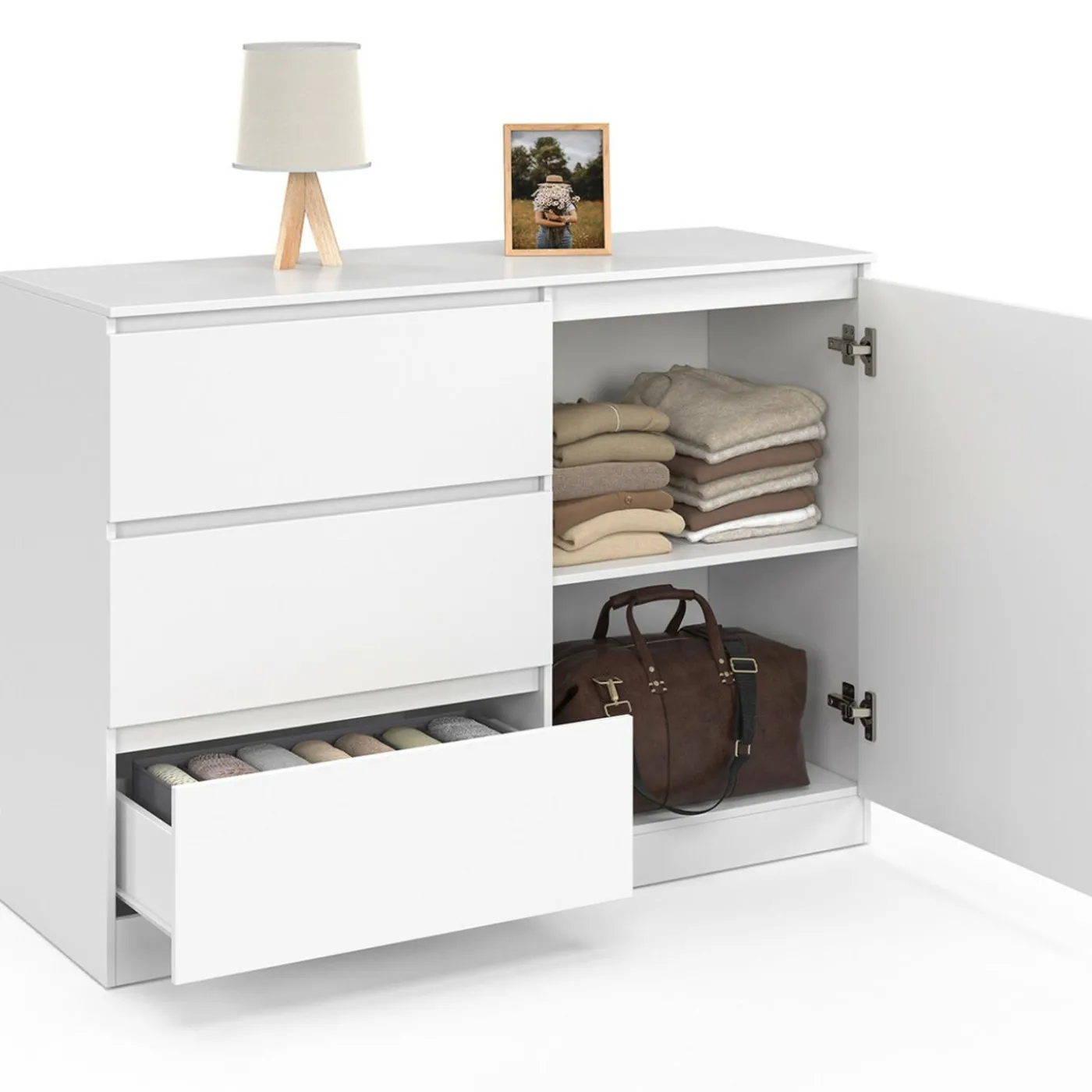 Commode 3 tiroirs + 1 porte 110 cm bois blanc