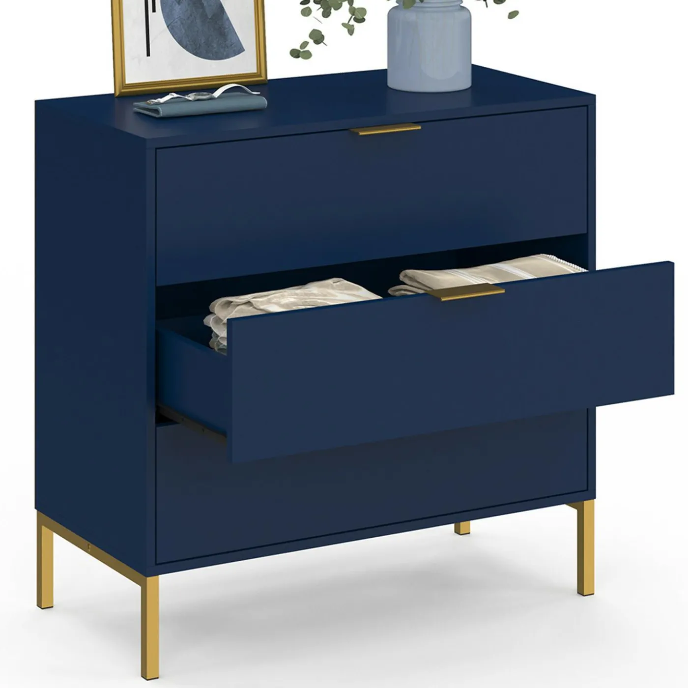 Commode 3 tiroirs 80 cm bleu nuit et finitions dorées