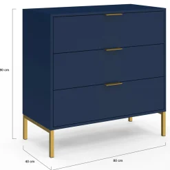 Commode 3 tiroirs 80 cm bleu nuit et finitions dorées