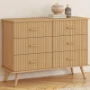Commode 6 tiroirs 110 cm lattes tasseau bois coloris chêne