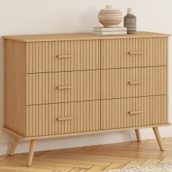 Commode 6 tiroirs 110 cm lattes tasseau bois coloris chêne
