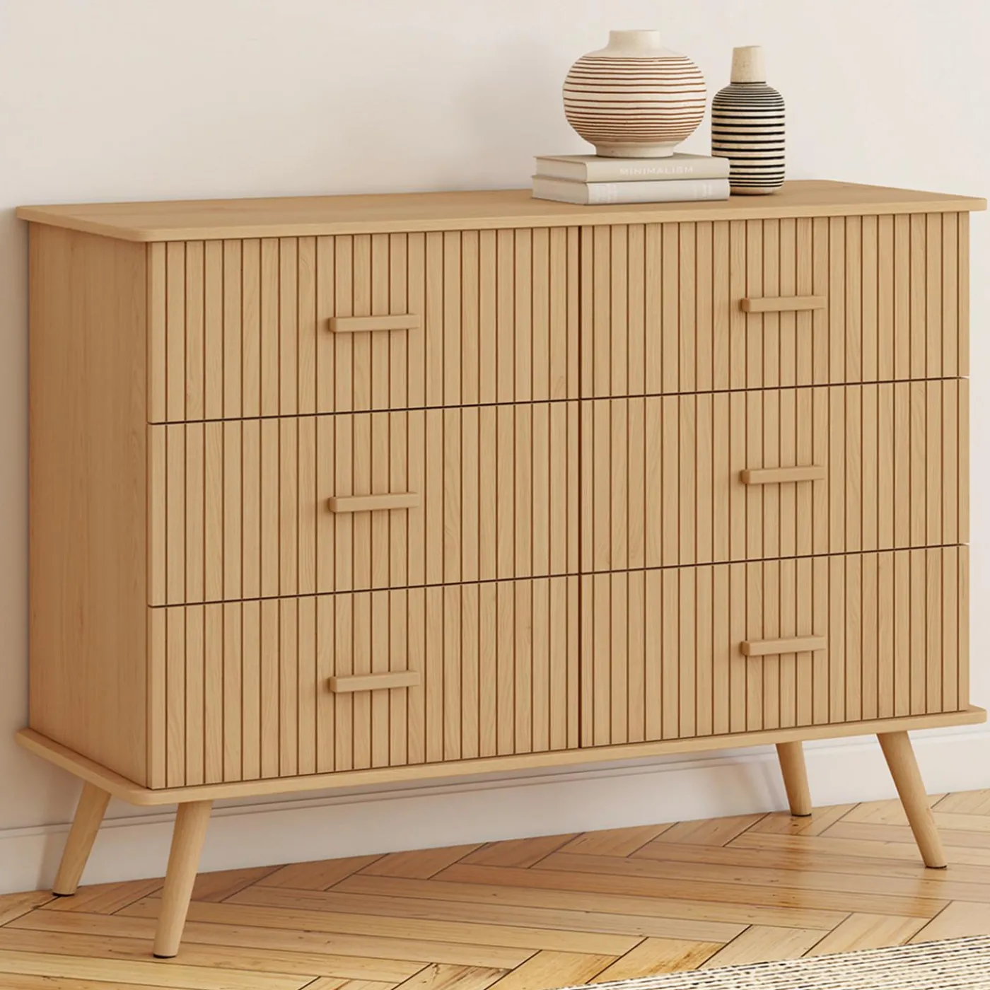 Commode 6 tiroirs 110 cm lattes tasseau bois coloris chêne
