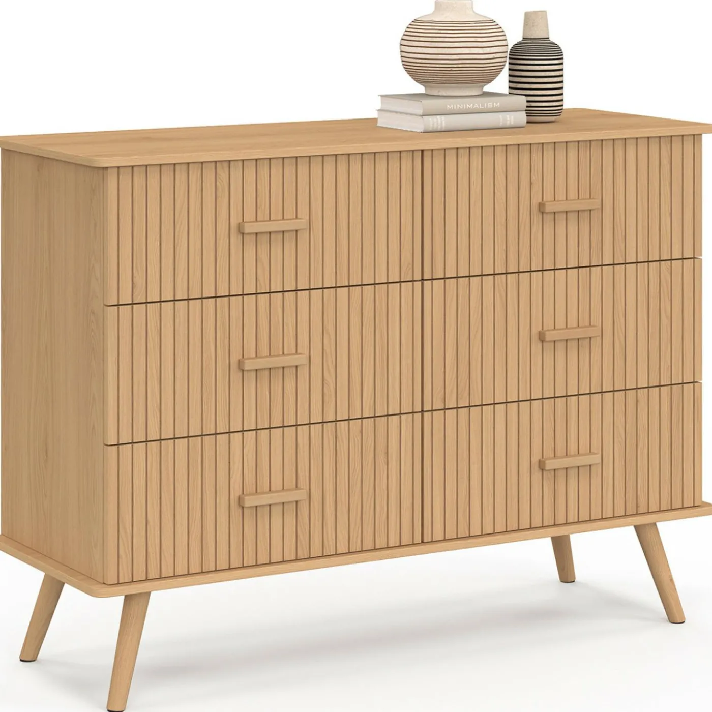 Commode 6 tiroirs 110 cm lattes tasseau bois coloris chêne