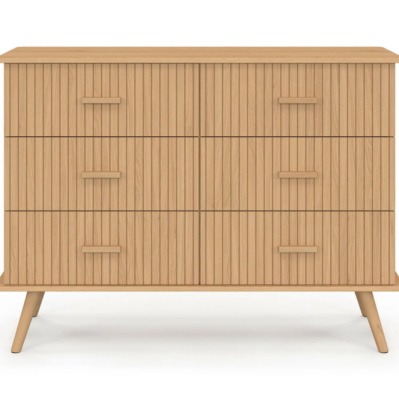 Commode 6 tiroirs 110 cm lattes tasseau bois coloris chêne