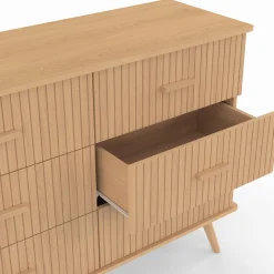Commode 6 tiroirs 110 cm lattes tasseau bois coloris chêne