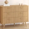 Commode 6 tiroirs 110 cm lattes tasseau bois coloris chêne