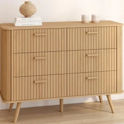 Commode 6 tiroirs 110 cm lattes tasseau bois coloris chêne